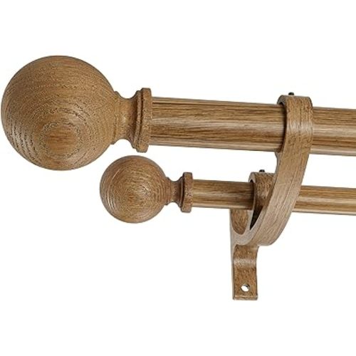 Double Wooden Curtain Rods for Windows 72 to 144 Inches,1 Inch Front and 5/8 Inch Back Boho Curtain Rod with Imitation Wood Grain Ball Finials and Double Aluminum Bracket,Dark Brown Wood Grain