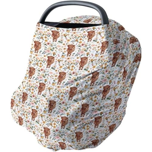 HawSkgFub Highland Cow Floral 5-in-1 Car Seat Cover for Baby Girl Cow Lover Gift, Western Cowgirl Retro Boho Flower Privacy Breastfeeding Nursing Cover, Newborn Infant Multi-use Carseat Canopy Carrier