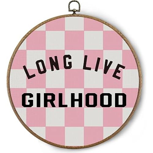 BitKAM Girl Room Round Wall Art Decor, Long Live Girlhood Canvas Prints Framed, Retro Preppy Pink Checkered Wall Hanging Decorations for Little Girls Nursery Bedroom Dorm, 10x10 Inch Wall Sculptures