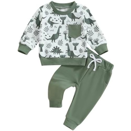 MA&BABY Toddler Boys Clothes Dinosaur Print 6 12 18 24 Months 3T 4T Outfits Long Sleeve Pullover Jogger Pant 2PC Sets