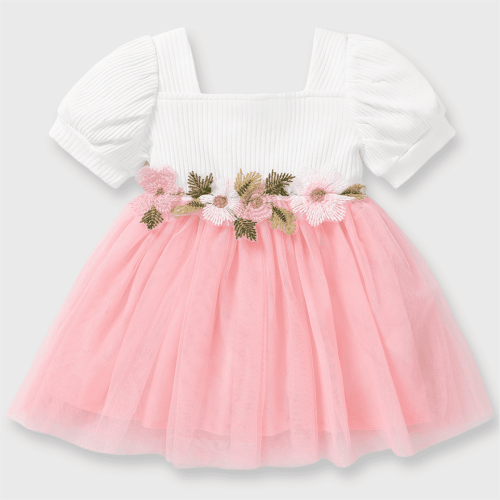PatPat Princess Dresses for Baby Girls Floral Mesh Puff-sleeve Pink Tutu Dress, 9-12 Months