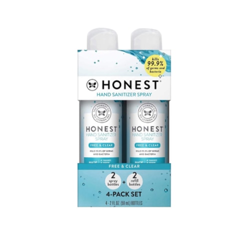 The Honest Company Plant-Based Hand Sanitizer Spray | Kills 99.9% of Germs | Hypoallergenic, Quick-drying + Moisturizing | Fragrance Free, 2 fl oz (pack of 4)