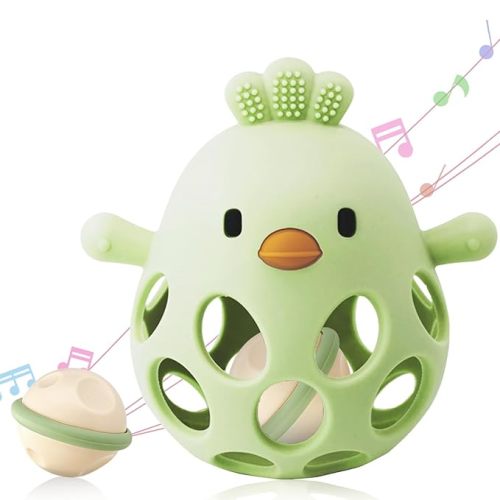 2-in-1 Baby Teething Rattle Toy, Sensory Grasping Teether for Infants 3-12 Months, 100% Food-Grade Silicone, Easy to Hold, Soothing & Developmental, BPA Free