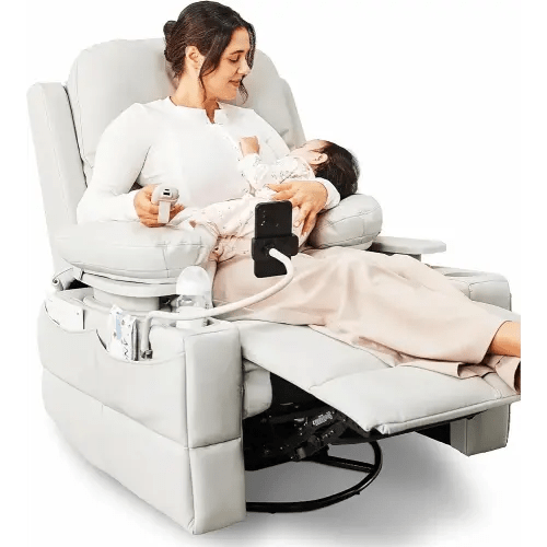 Rocking Chair Nursery with Adjustable Armrests, Electric Glider Recliner Nursery Chair for Breastfeeding, Power Swivel Recliner Chair with USB Port and Storage, FSC Certified (Vanilla)