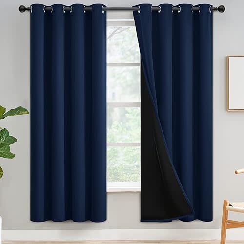 Yakamok Navy Blue Curtains 100% Blackout Curtains for Living Room - Grommet Thermal Insulated Full Room Darkening Block Out Curtains with Black Liner for Bedroom, Set of 2 Panels, W52 x L72 Inch