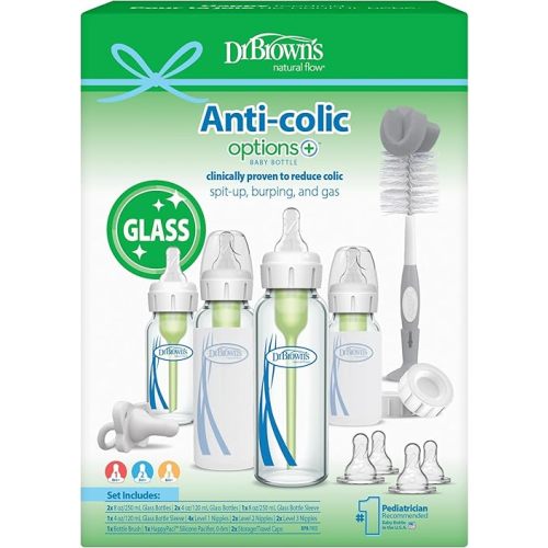 Dr. Brown's Anti-Colic Options+ Narrow Glass Baby Bottle Starter Set with Level 1, 2, and 3 Nipples, Silicone Sleeves, Soft-Touch Brush, Travel Caps, and HappyPaci, 0m+ (Packaging May Vary)