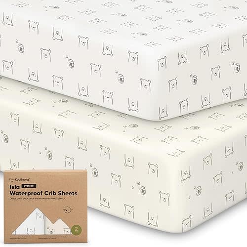 2-Pack Waterproof Baby Crib Sheets for Boys, Girls - Viscose Derived from Bamboo Toddler Bed Sheet Neutral, Fitted Crib Mattress Protector Cover for Baby Bedding, Soft & Gentle (Bumble Bear)
