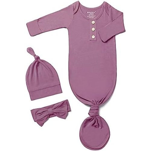 Newborn Baby Knotted Gown, Super Soft Silky Infant Sleeper, Baby Girl Sleep Gown with Mittens, Bow, and Hat Set