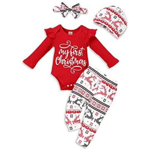 My First Christmas Outfits Newborn Baby Girl Clothes Ruffle Sleeve Tops+Santa Pants with Headband Clothing Set