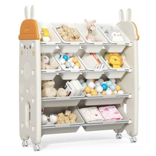 SUGIFT Kids Toy Storage Organizer with 12 Bins, 4-Tier HDPE Shelf and Rolling Wheels for Playroom, Bedroom & Living Room