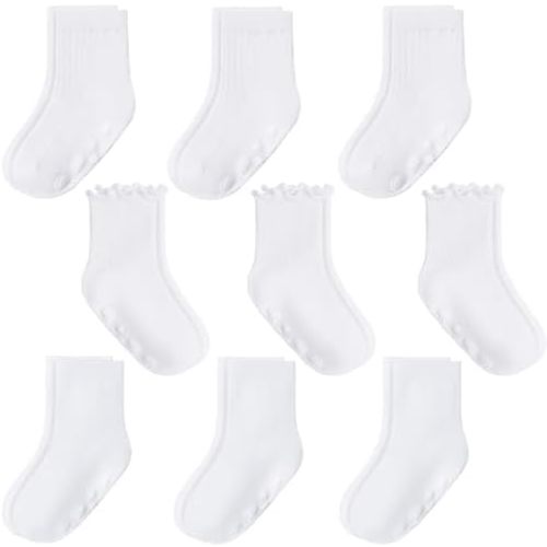 MOMUMOMU 9 Pairs Baby Toddler Socks Crew Sock Ruffle Dress Non Slip Grip Cute Cotton for Infant Newborn Boys Girls White