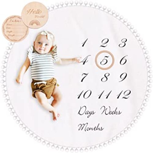 Baby Milestone Monthly Blanket with Double-Sided Milestone Cards and Circle Ring Play Mat Large(43.3" X43.3') Double Sided Pom Pom Ball Thick Flannel Round Rug for Boy Girl, Baby Photography Props