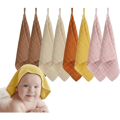 Muslin Baby Washcloths for Newborns, Pack of 8, 11"x11", Super Soft Cotton, Absorbent and Gentle, Baby Cotton Wipes, Baby wash Cloths
