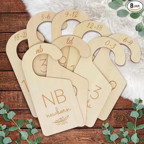 Baby Closet Dividers for Clothes Organizer - Set of 8 Wooden Double-Sided Baby Clothes Size Dividers form Newborn to Toddler for Daily Gender-Neutral Baby Nursery Decor