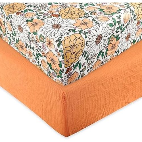 Muslin Crib Sheets for Boys and Girls, Fitted Crib Sheets 2 Piece Set, Soft and Breathable, Fits Standard Crib Mattresses and Toddler Mattresses 52 "x28, Floral