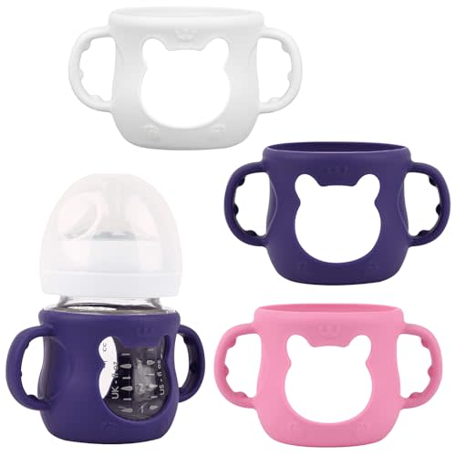 3 Pack Silicone Sleeves for Avent Natural Glass Baby Bottles, Anti Breakage Baby Bottle Sleeves with Handles, Compatible Philips Avent Glass Natural Baby Bottle 4 oz(White+Pink+Purple)