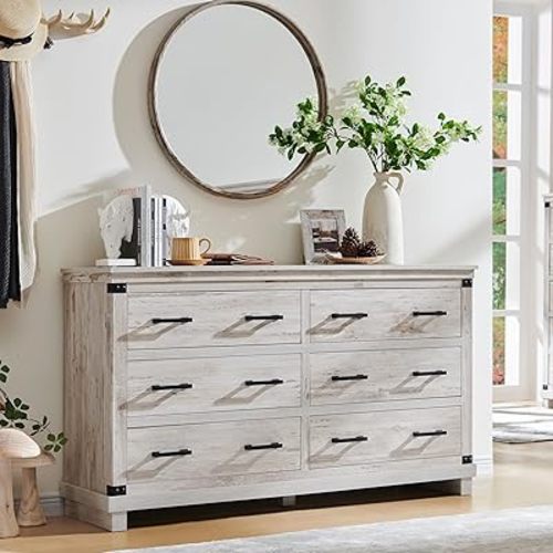 Farmhouse 6 Drawers Dresser for Bedroom, Wood Large Chest of Drawers with Thick Plank Styling, Rustic Closet Dresser for Bedroom, Living Room, Antique Brush White