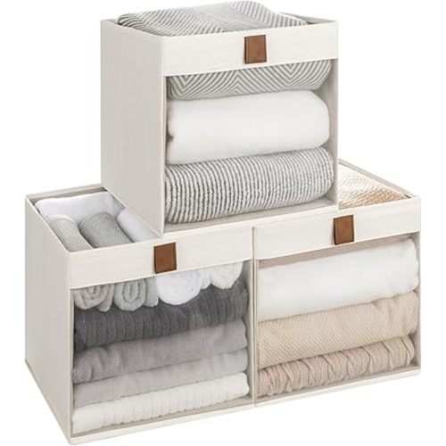 StorageWorks 11x11 Storage Cubes, Closet Storage Bins with Clear Window, Fabric Organizer for Clothes, Collapsible Storage Baskets with PU Handles, Beige, 3-Pack