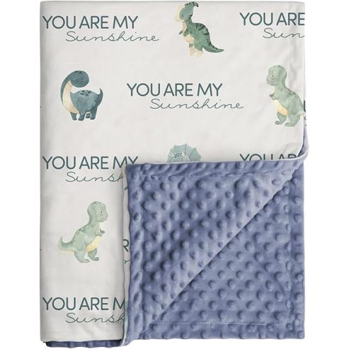 Dinosaur Baby Blankets for Boys, Super Soft Newborn Nursery Blanket with Double Layer Dotted Backing - Blue Babies Minky, Cozy Printed Bed Throw Blanket (30" x 40")