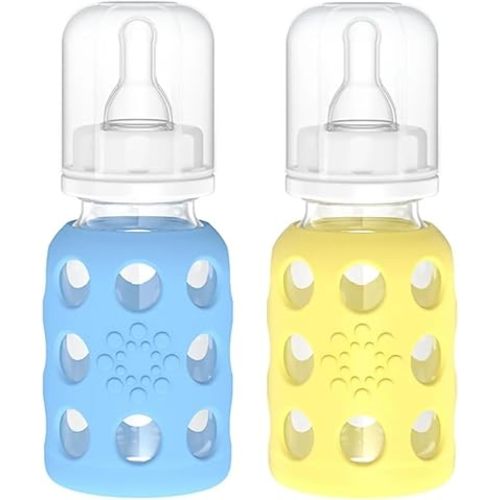 Lifefactory Glass Baby Bottles with Silicone Protection - 2-Pack, 4 oz Bottles, Sky Blue & Banana