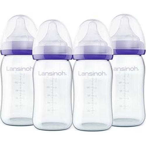 Lansinoh Anti-Colic Glass Baby Bottles, 5 Ounces, 4 Count Bottles for Feeding, Baby Essentials, Includes 4 Slow Flow Nipples, Size S