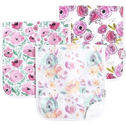 Copper Pearl Premium Baby Burp Cloths - 3-Pack Large Cotton Burp Cloths, Extra Soft Spit Up Rags with 3 Absorbent Layers, Perfect for Baby Girl Gifts (21" x 10" Size, Bloom Set)