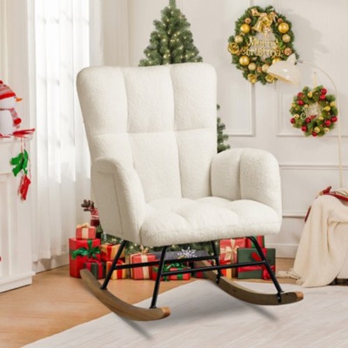 COMHOMA Modern Nursery Rocking Chair, Teddy Upholstered Glider Accent Chair with Side Pockets, High Backrest, Beige