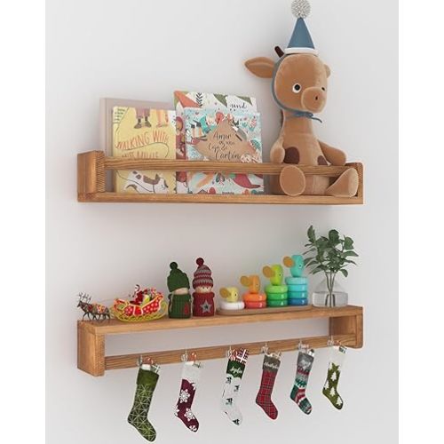 24 Inch Nursery Floating Shelves, Nursery Book Shelves for Wall, Wall Bookshelf for Kids Solid Wood Wall Mounted Shelves for Books,Toys and Decor Storage, Set of 2