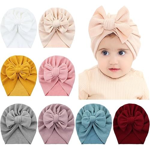 8 Pieces Baby Turban Hats with Big Bow Newborn Caps Beanies Bonnets Headwraps for Baby Girls Boys Infants Toddlers