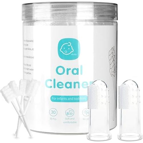 Baby Tongue Cleaner Toothbrush 30Pcs Disposable Infant Tooth Brush Clean with 2Pcs Finger Toothbrush Baby Oral Cleaning Stick Gauze Cleaner Stick Dental (Grey, 30 Piece Assortment)