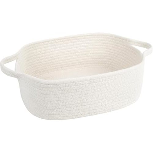 Cotton Rope Storage Basket with Handles, Natural Woven Basket, Decorative Rectangle Organizer Bin for Home, Nursery, Montessori, Dog Toy Storage and Bathroom Organization, White