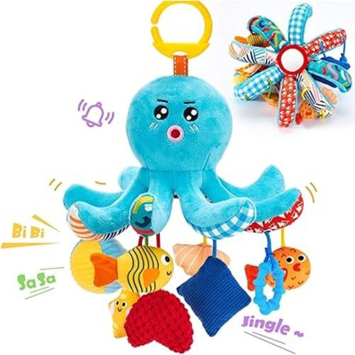 hahaland 3 Month Baby Toys 0-6 Months - Octopus Toy with Pulling Cords,Squeaky,Crinkle,Rattle,Mirror - Baby Toys 3-6 Months Developmental Newborn Infant Toys - Christmas Baby Gifts Stocking Stuffers