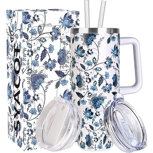 SYACOT 40 oz Tumbler with Handle and Straw Stainless Steel Insulated Tumbler Leak Proof Lid and Straw Lid Reusable Travel Mug Coffee Mug Cup Dishwasher Safe Keep Drinks Cold and Hot (Ceramics)