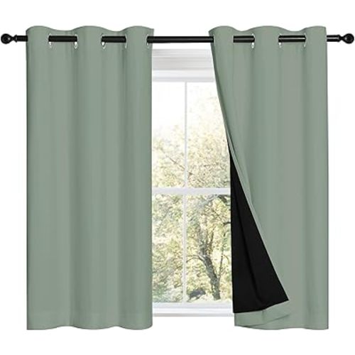 NICETOWN Greyish Green 100% Blackout Curtains 45 inches Long, 2 Thick Layers Completely Blackout Window Treatment Thermal Insulated Lined Drapes for Small Window (1 Pair, 42 inches Width Each Panel)