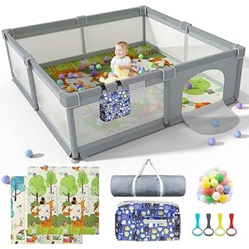LUTIKAING 79"x71" Baby Playpen with Mat, Safe Playpen, Play Pen for Babies and Toddlers, Large Play Yard, Zipper Gate, Anti-Slip Suckers, Ideal Baby Gate Playpen for Toddlers 1-3