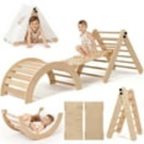 Pikler Triangle Set, RongTrading 8 in 1 Montessori Climbing Set, Wooden Climbing Toys, with Arch, Ramp, Ladder, Tent and Cushion, Indoor Jungle Gym for Toddlers 0.5-6 Years Old