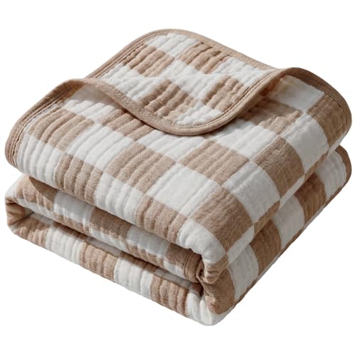 6-Layer Muslin Toddler Blanket - Made with Organic Cotton, Large 50x60 Crib Quilt & Bedding for Kids & Moms (Coffee Checkered)