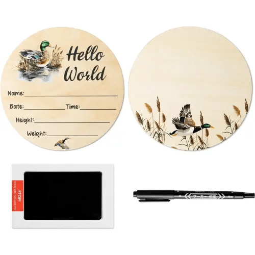 R HORSE Baby Birth Announcement Sign with Marker Pen, Mallard Duck Baby Name Sign with Ink Pad for Hand and Footprints, Wooden Hello World Newborn Announcement Nursery Decor Keepsake Gifts