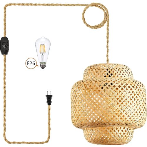 Yarra Decor Rattan Pendant Light with Dimmable Switch, 15ft Hemp Cord Handwoven Boho Bamboo Rattan Lamp Shade Plug in Hanging Light, Rattan Light Fixture for Kitchen Island,Dining Room(Bulb Included)