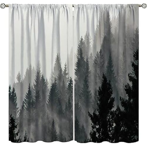 Forest Curtains Nature Scenery Theme Window Curtains,Foggy Mountain Rustic Tree Woodland Mist Rainforest Print Pattern Decor Drapes for Bedroom Living Room 42x45 Inch