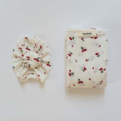 Headwrap and Swaddle Set in Cherry Pie