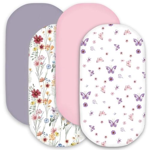 bimocosy Bassinet Sheet, 4 Pack Bassinet Sheets for Baby Girls Boys, Soft Baby Bassinet Fitted Sheets Neutral for Standard Bassinet Mattress, Size 32 x 16 x 4 Inches, Butterfly/Floral/Pink/Purple