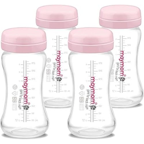 Maymom 9 oz 4 ct Wide-Mouth Milk Storage Collection Bottle with Travel Cap n Sealing Ring; Compatible with Avent Natural Avent Classic Bottles, Motif Luna Bottles, Ameda MYA Bottle, Spectra Bottle