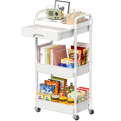 Keenstone 3-Tier Rolling Utility Cart with Drawer, Multifunctional Storage Organizer with Plastic Shelf & Metal Wheels, Storage Cart for Kitchen,Bathroom,Living Room,Office, White