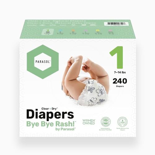 Parasol Clear+Dry Disposable Diapers and Clear+Pure Wipes, RashShield Protection, Size 1 (7-14 lbs), Diaper Bundle of 240 Diapers & 240 Wipes
