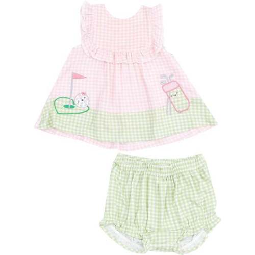 Ruffle Top with Applique & Bloomer, Golf Pink Mini Gingham - Angel Dear | Maisonette