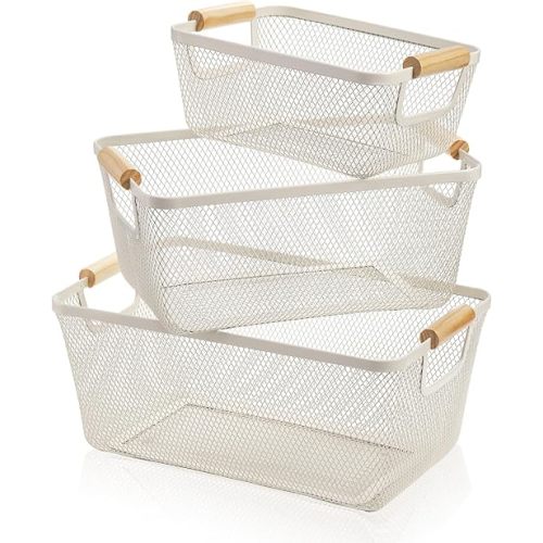 3 Pack Metal Mesh Baskets with Wood Handle, Iron Storage Organizer Baskets, White Wire Countertop Baskets for Organizing, Cabinet Pantry Closet Bedroom Kitchen(3 Size)