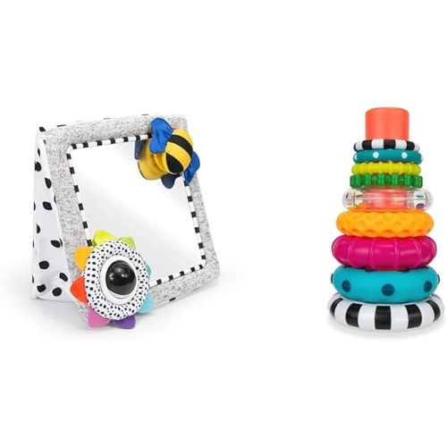 Sassy Tummy Time See Me Floor Mirror for Ages 0+ Months (80928) & Stacks of Circles Stacking Ring STEM Learning Toy, Age 6+ Months, Multi, 9 Piece Set - White - Mirror + Stacking Ring, 9 Piece Set