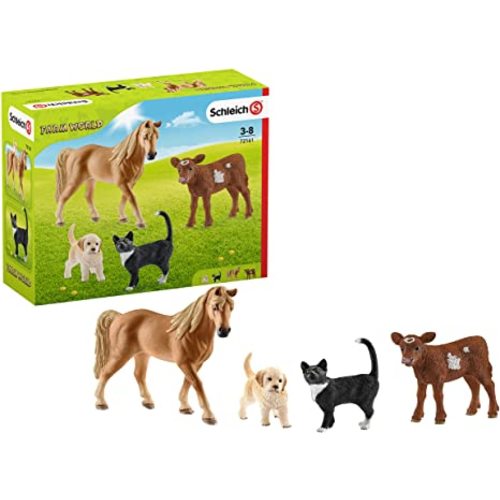Schleich Farm World Starter Playset, Farm Playset Gifts for Toddlers and Kids with Cat, Horse, Puppy, and Cow 4-Piece Set, Ages 3+