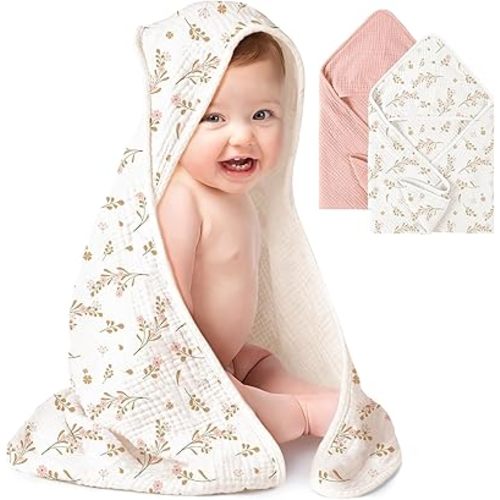 Konssy 2-Pack Muslin Hooded Baby Towels, 100% Cotton, Ultra-Soft & Absorbent Baby Bath Towels with Hood for Newborn & Infant (Pink, Floral,30" x 30")